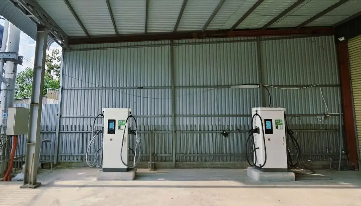 Two DC fast chargers under a canopy at a charging station in Rach Gia